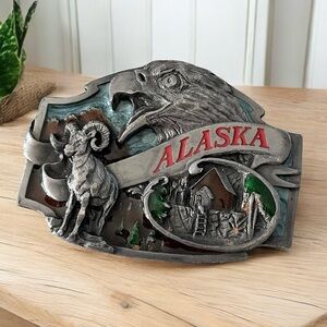 Vintage 1988 Siskiyou Alaska Multi-Color Belt Buckle Eagle Ram Cabin